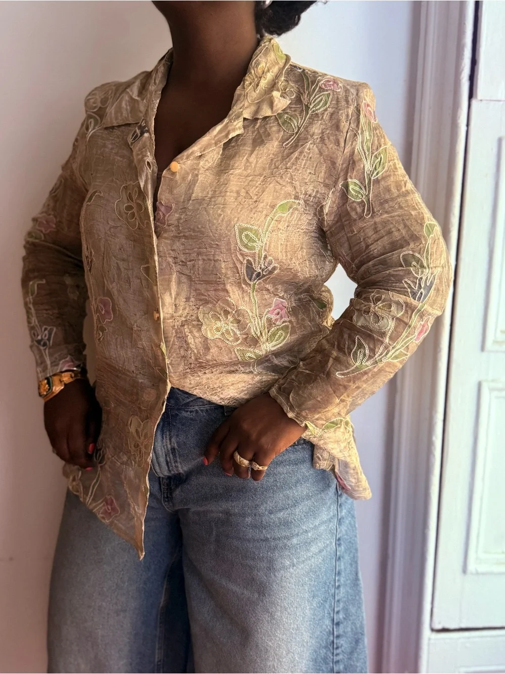 Vintage Burnout Silk Floral Blouse Sheer Embroidered Boho Romantic Top